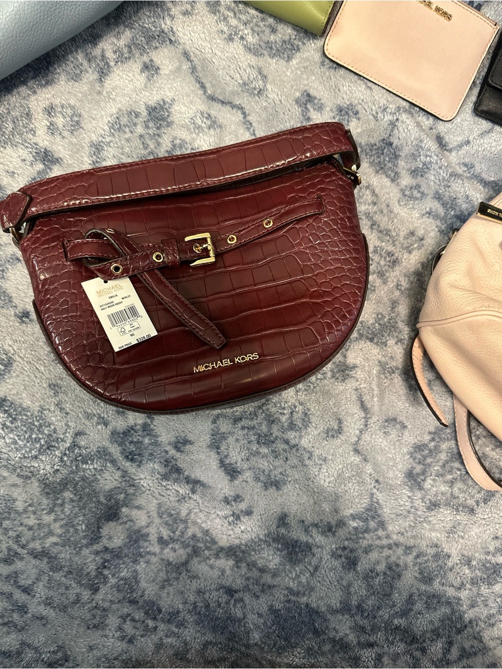 Michael Kors Croc-Embossed Crossbody Saddle Bag in Burgundy